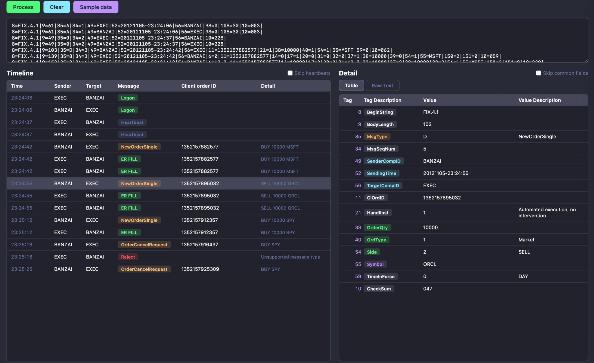 AI FIX Parser – Timeline and Detail view showing parsed FIX messages